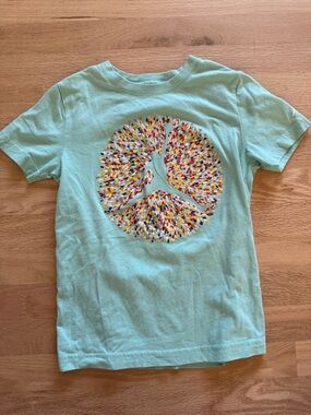Jordan Mint Green Short Sleeve Tee with Multicolor Peace Jumpman Graphic